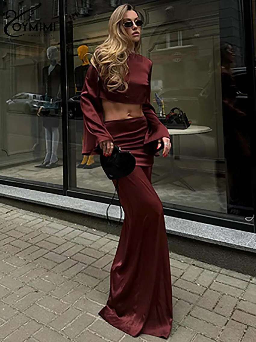 Oymimi Fashion Wine Red Sets For Women 2 Pieces Elegant Satin O-Neck Long Sleeve Crop Tops + Slim Simple Or-Length Skirts Set