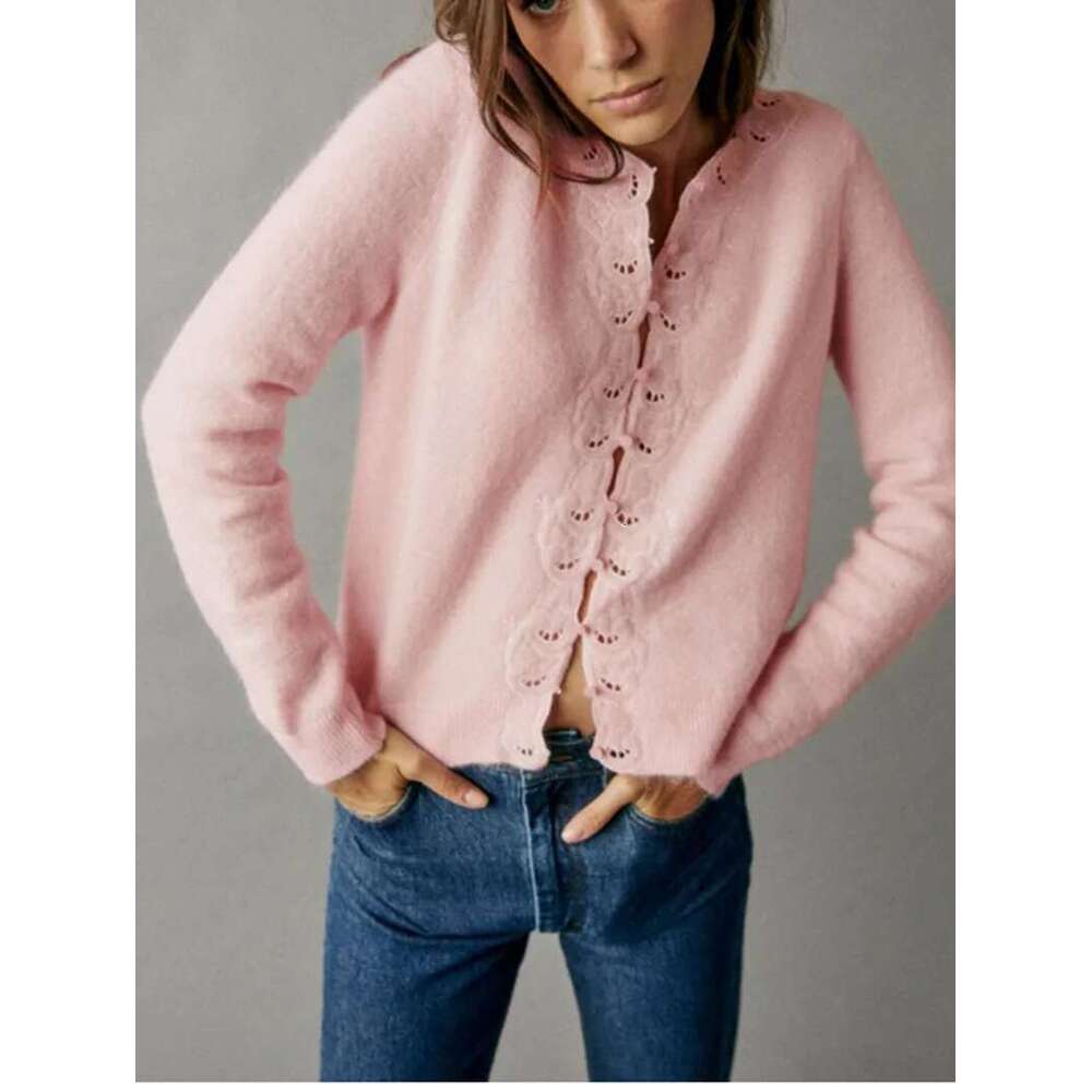 Women's Wool Blend Pink Cardigan Lace Embroidery Hollow Trim Ladies Single Breasted Long Sleeve Round Neck Sweater