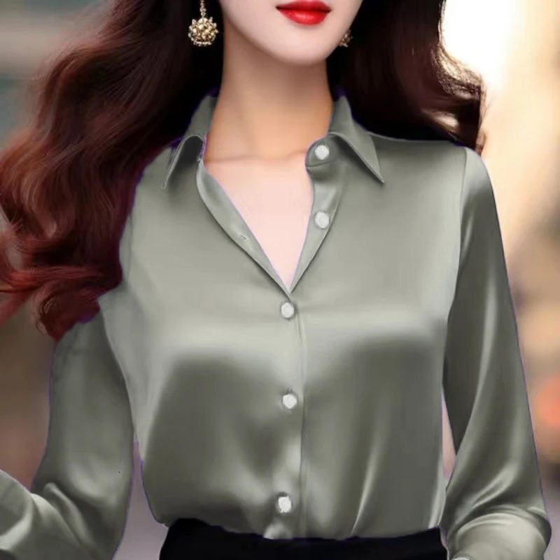 Solid Color Elegant Office Ladys Satin Shirt All-Match Trendy Women Shirts And Blouses Basic Chic Top Autumn French Chic Shirt 250303