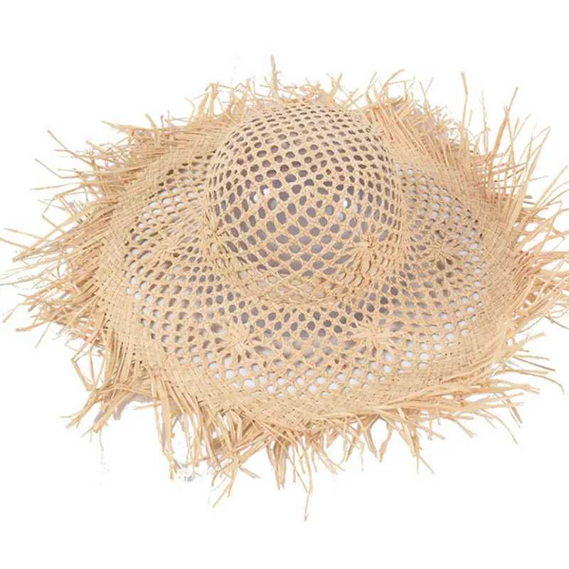 Cutout Str Womens Sun Hat French Style Large Brim Casual Solid Color R-Edge Beach Style Rafia Hat 2021XJ250304