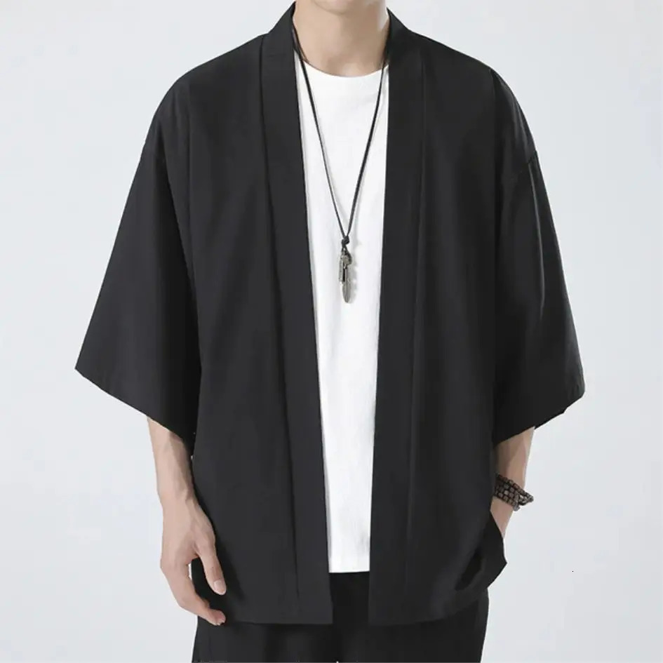 Mens Kimono Shirt Traditional Japanese Style Clothing Male Open Front Cardigan 34 Sleeve Yukata Coat Haori Casual Beach Shirts 250303 - view 4