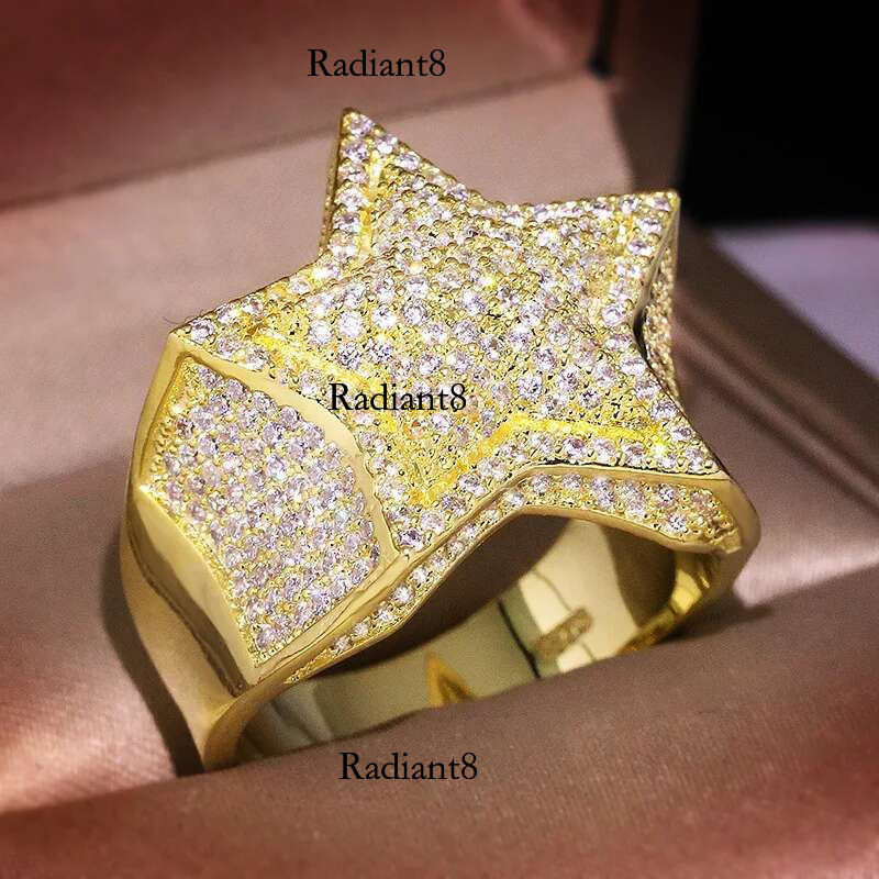 Sier Star Dia For Man/women Solid White /Yellow Gold Rings Shine Hiphop Jewlery Gifts