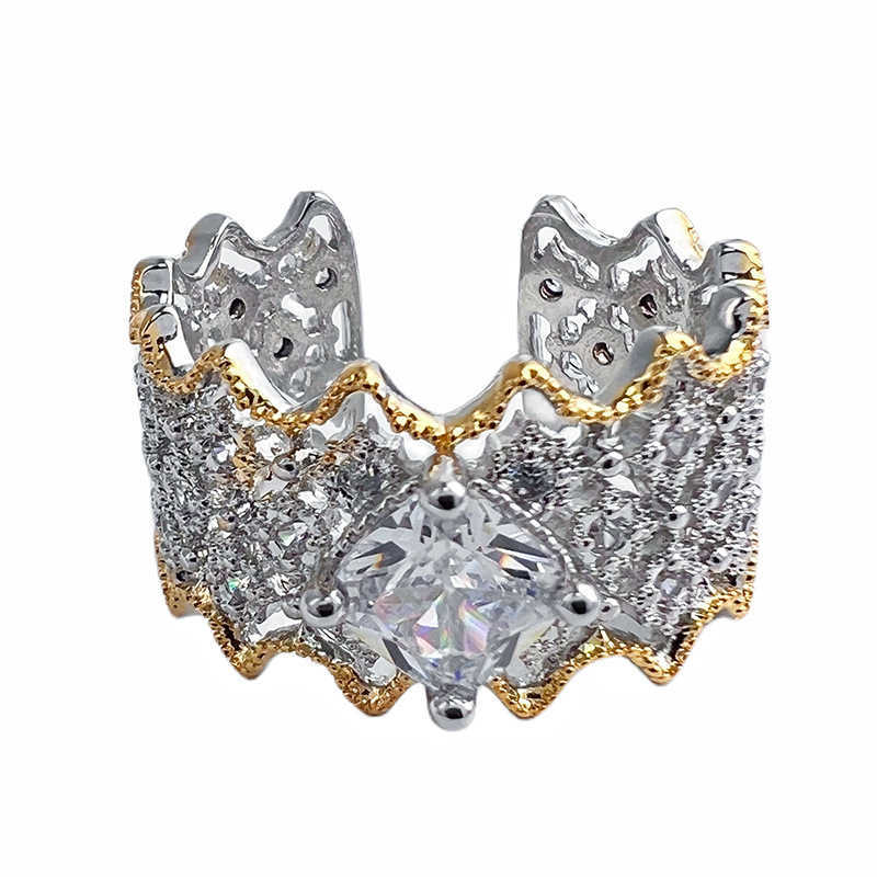 Couple Rings Italian Bratila Silk Weaving Craft Ring with Hollow Design Full Diamond Two tone Gold Ring H25303