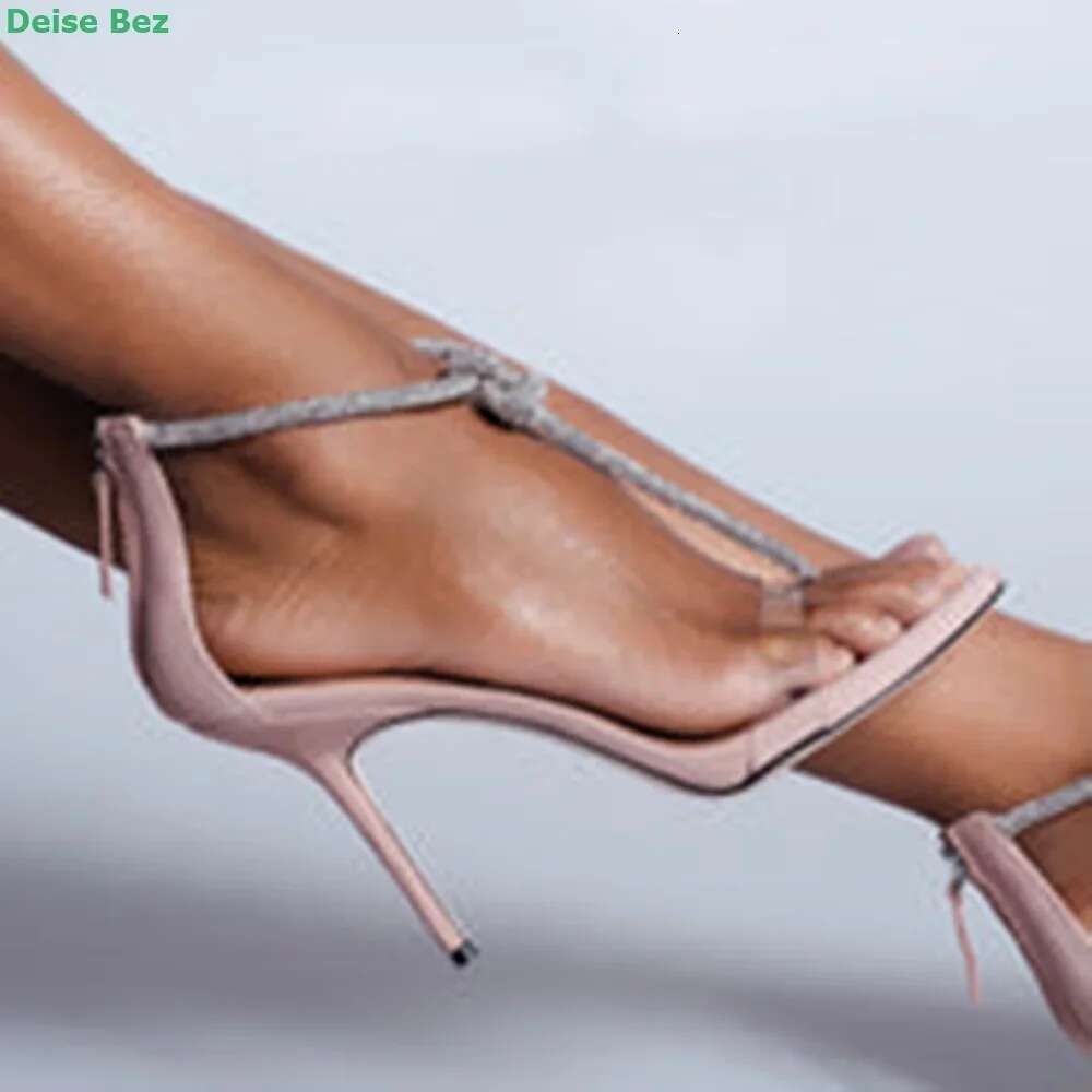 Crystal Rope Sandals Pointed Toe Thin High Heel Ankle Strap Back Cover Zipper Fashion Women Summer Simple Shoes