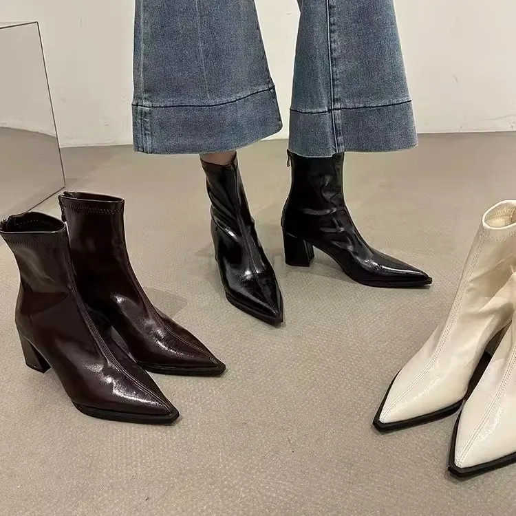White Ankle Boots Boots-Wen Fem Shoes Winter Footwear Low 2025 High Heel Ladies Pointy Autumn Pointed Toe Pumps Winter Boot Z250304