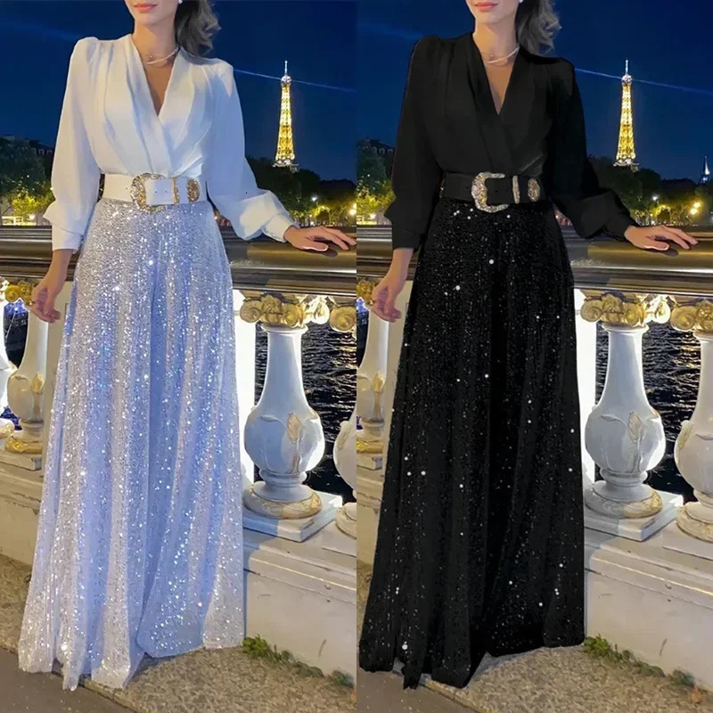 Womens Jumpsuit Fashion V-neck Long Sleeved Shirt with Elegant Temperament Slim Waist and Sequin Wide Leg Pants Autumn 250303