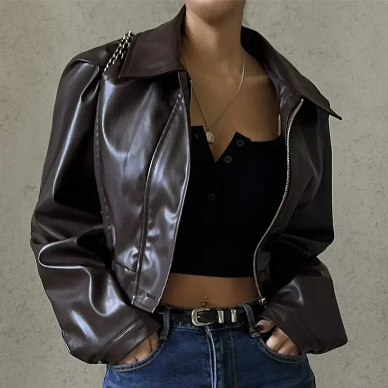 Faux Leather Jacket Women Fashion Brown PU Oversized TurnDown Collar Zipper Cropped Coat Autumn Winter 2024 250226