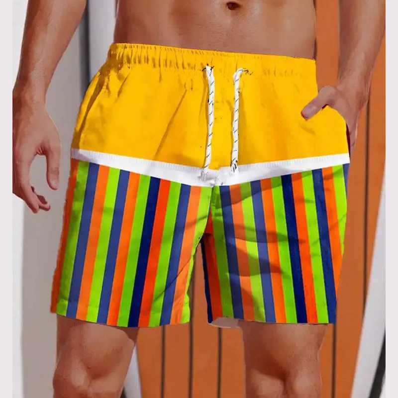 3D Printed Striped Flame Beach Shorts Mens Splicing Grid Pattern Board Shorts Summer Drawstring Breathable Hawaiian Swim TrunksT250304