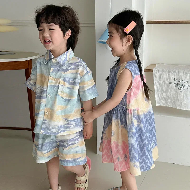 Brother And Sister Clothes Summer Baby Boys Shirt Suit Beach Holiday Clothes Or Girl Vest Dress 250304