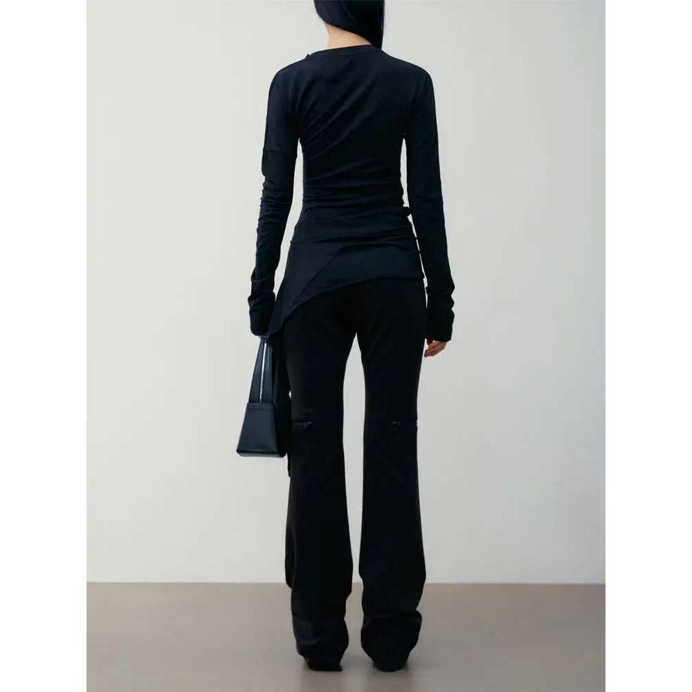 Women Irregular Long-Sleeved T-Shirt Round Neck Casual Autumn Lady Slim Blue White Black Lace-Up Tshirt Top