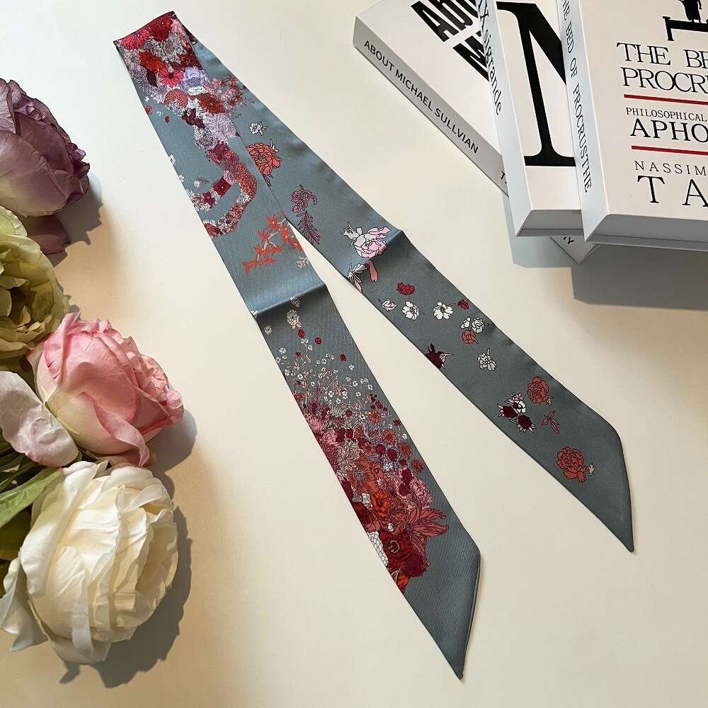 2024 New Narrow Summer Thin Women's Small Strip Clear Flower Clothes Silk Leisure Scarf Dual Use
