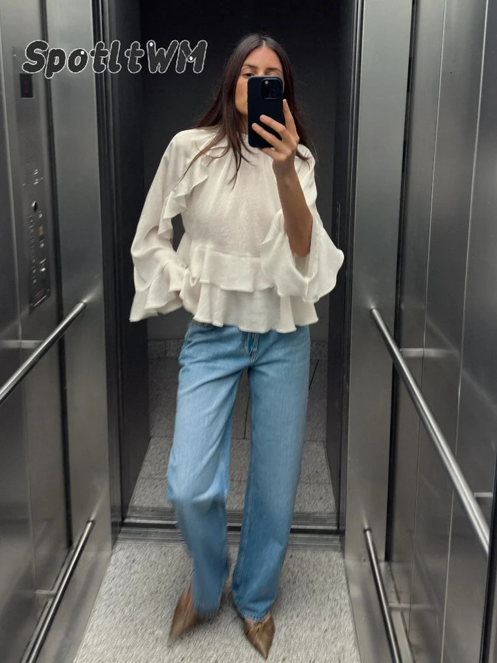 Fashion Temperament Women Ruffle Edge Blouse Chic Stand Up Collar Long Sleeved Shirt Top Spring Elegant Lady Short Tops 250228