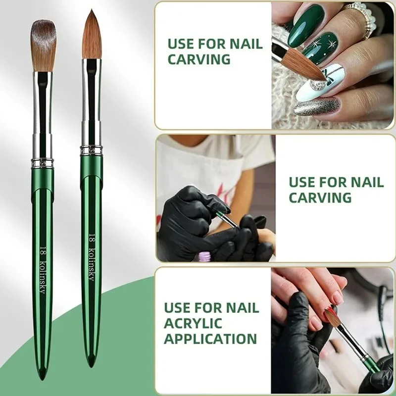 100% Kolinsky Acrylic Nail Brush 1Pcs Green Crimped Metal Handle Drawing Brush for Acrylic Powder Size 2-18 250304