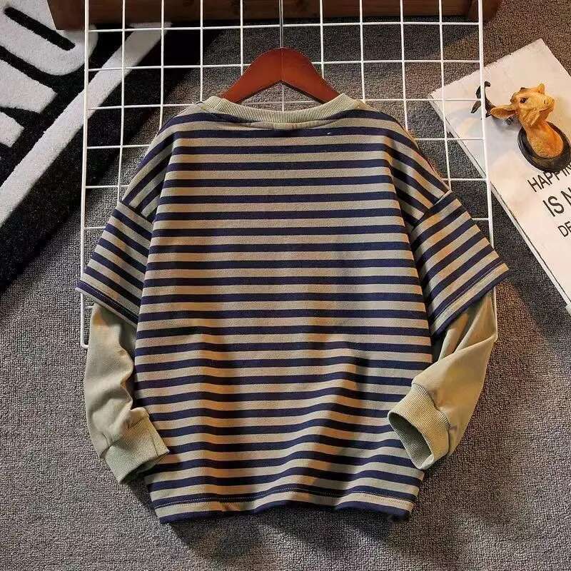 Kids Hoodies New Spring 2025 Striped Patchwork Fashion Korean Casual Baggy Simple Style