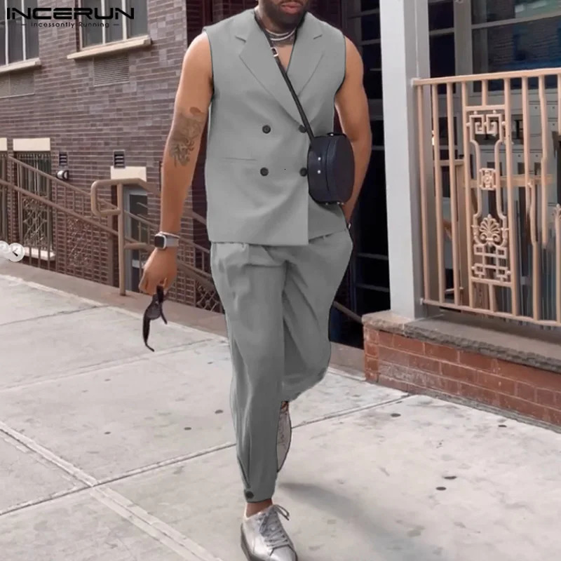 INCERUN Men Sets Solid Color Lapel Sleeveless Double Breasted Vests Pants 2PCS Streetwear 2024 Fashion Casual Suits S5XL y250303
