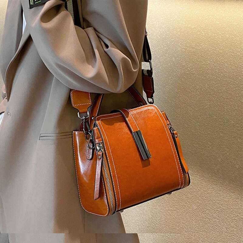 Vintage Cow Genuine Leather Small Shoulder Bags For Women Designer Crossbody Purses Bucket Ladies Handbags
