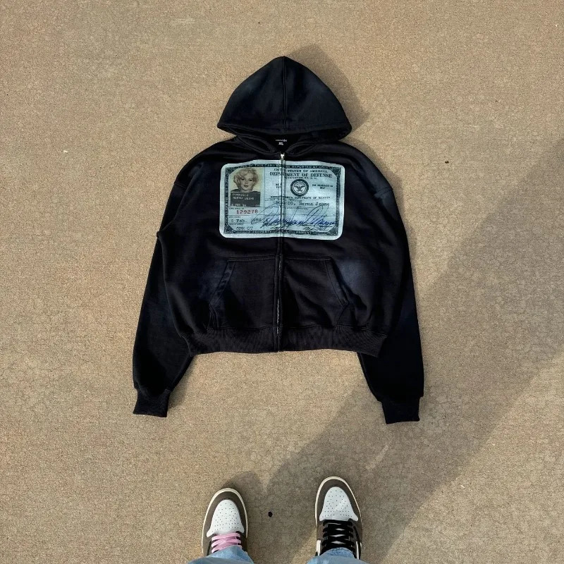 American Hip Hop Retro Printed Mens Hoodie Jacket Y2K Gothic Harajuku Street Zipper Hoodie Fashion Couple Oversized Sweater 250228