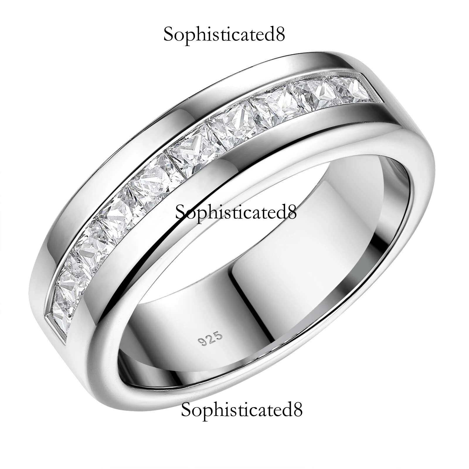 1pc Solid Sterg Sier Men's Wedding Ring 1ct Princess Cut White AAAAA Cubic Zirconia for Him Fine Jewelry Gift Size 7-14