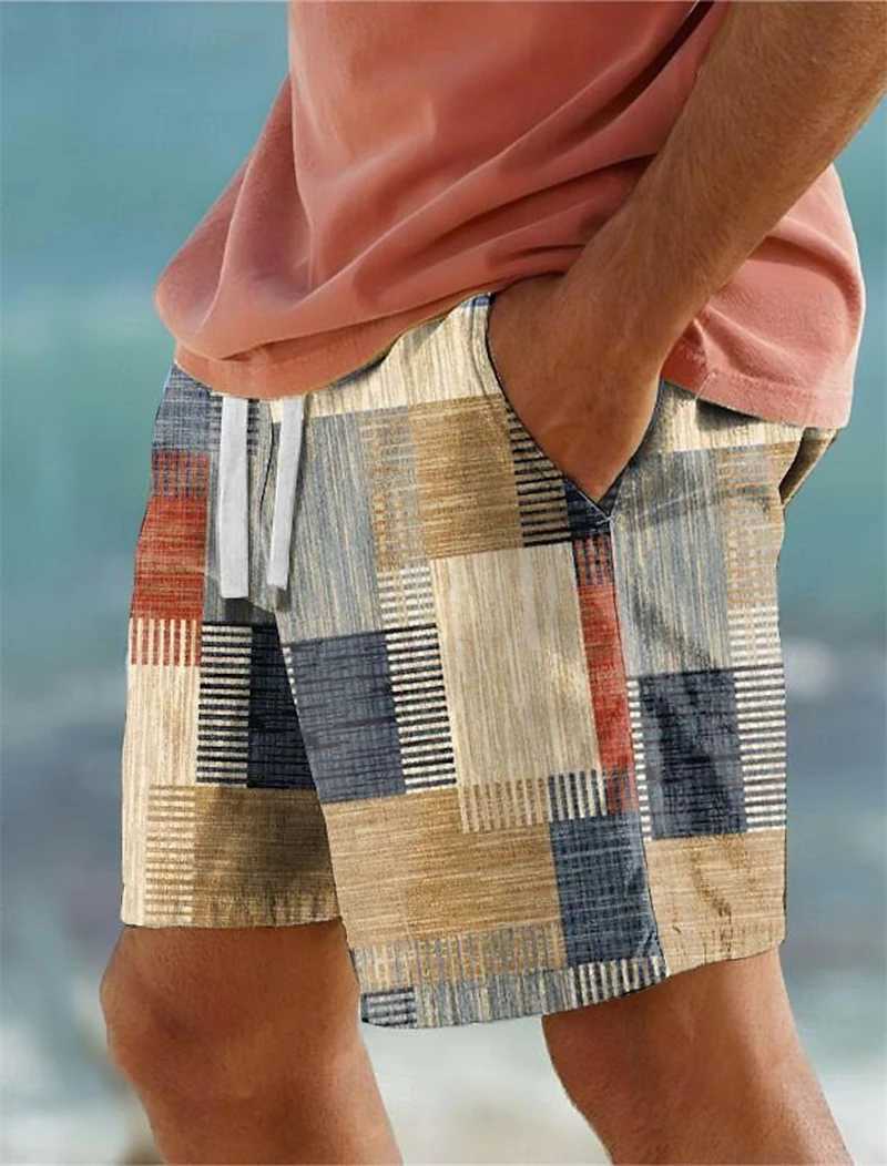 Mens Classic 3D Print Plaid Color Block Running Shorts Geometry Graphic Hawaiian Board Shorts Swim Trunks Holiday Beach PantsT250304
