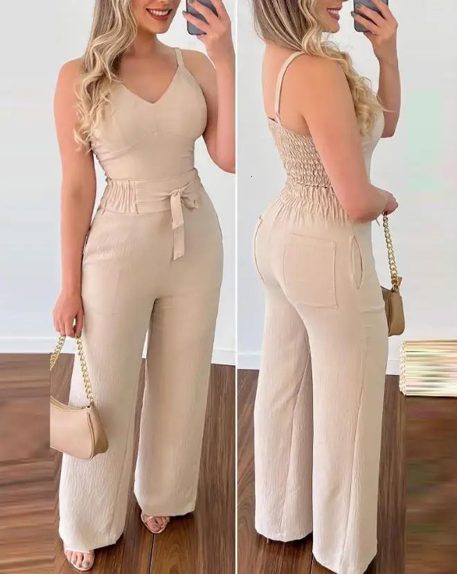 Summer Woman Long Jumpsuits Elegant Sexy V-Neck Shirred Cami Top High Waist Pants Set Fashion Casual One Pieces 250303