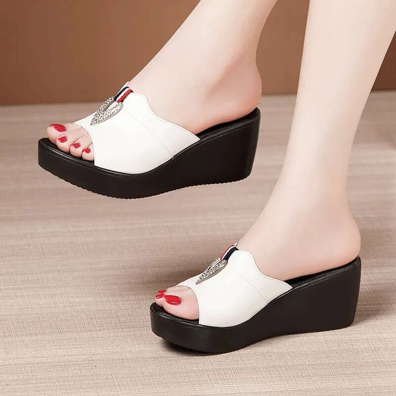 quality summer High wedge leather sandals for women 6cm mid heel new 2025 size 32 33 43 platform open toe elegant shoe black red