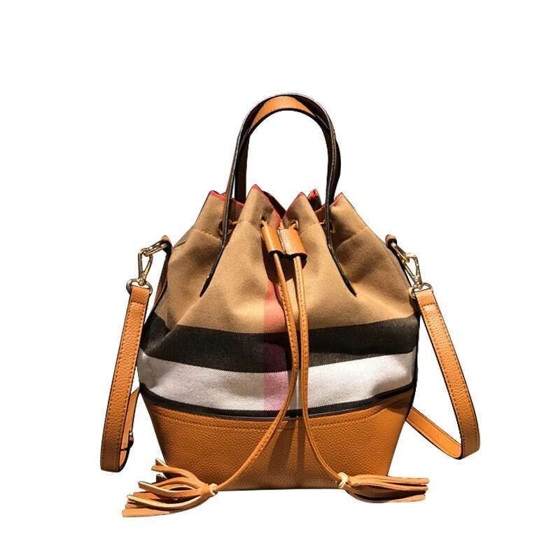 Fashionable Plaid Women Canvas Barrel Bucket One Shoulder Crossbody Bag Female Designer Purses And Handbag Pouch 2024