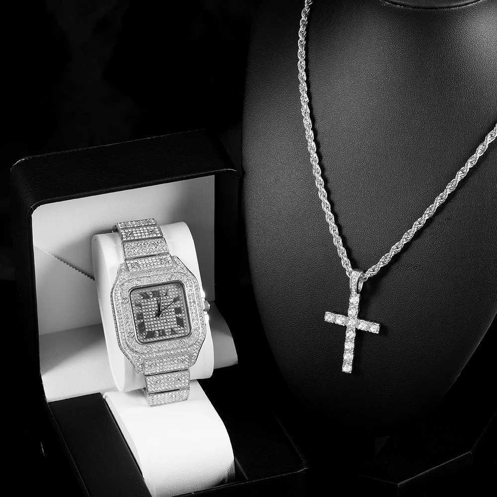 3pcs Stylish Jewelry Set Hip-hop Punk Inlay Diamond Square Quartz With Cross Pendant Necklace For Men Women Party Gift BoxXJ250304