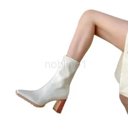 Leather elastic leather boots mid-tube short boots autumn /winter new thick-heeled high-heel patent leather white wen boots Z250304