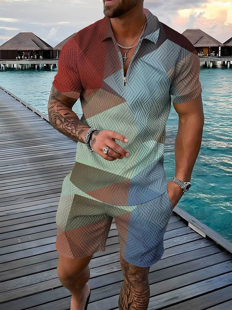 Color Squares Pattern 3D Print Mens Tracksuit Sets Casual Zipper Polo Shirt And Shorts 2pcs Sets Trend Streetwear Man Clothing 250304