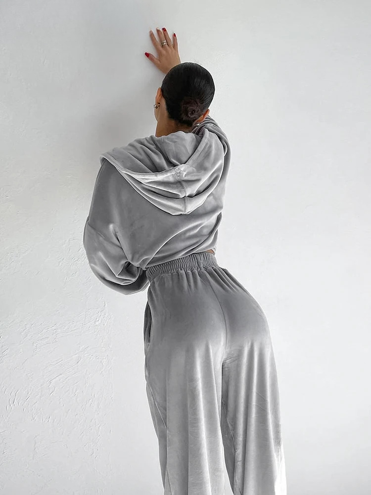 Knitwear Sweatsuits Women Street Style Zipper Hooded Sweater Wide Legs Pants Two Pieces Sporty Outfits