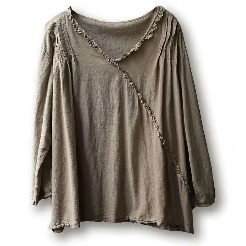UMI MAO Cotton Hemp T-Shirt Spring Autumn Vintage Design Organ Fold Hoodie Loose And Slim V-Neck Lace Top Femme Y2k