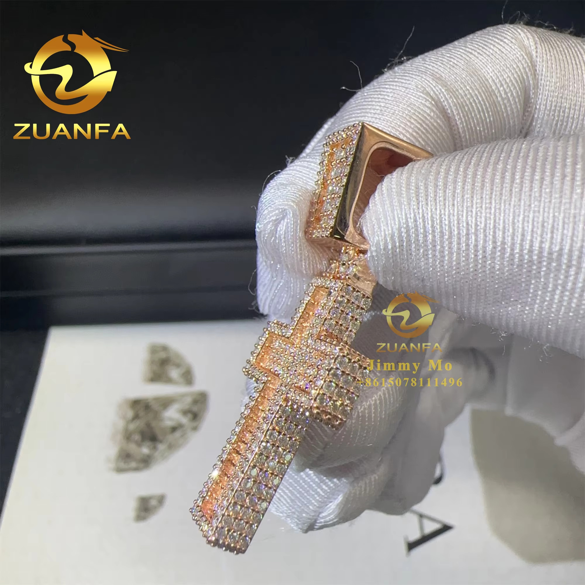 1" Elegant Jewelry Hip Hop Sterg Sier Rose Gold PlatedFull With Moissanite Dia Cross Pendant Necklace