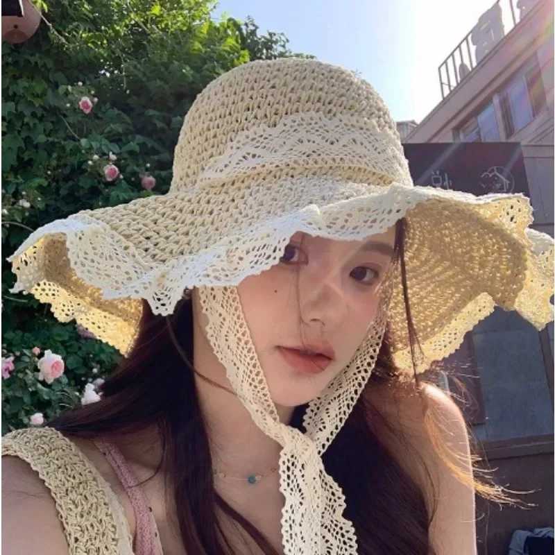 Y2K Korean Girls Sun Hat Lace Hollow Grass Knitted Hat Womens Summer Outing Sun C Beach Sunscreen Hat Sweet Fishermans CXJ250304