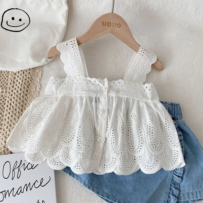Milancel Summer Kids Clothes Set Girls Cute Hollow Tank TopDenim Shorts Children Thin Style Outwear 2PCS 250304