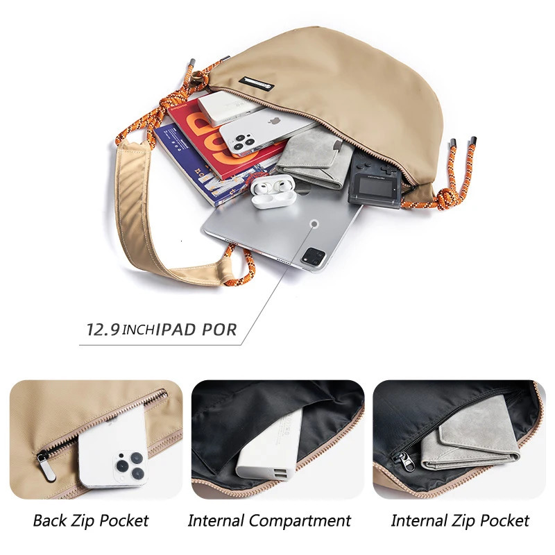 Premium Waterproof Men Cross Body Bag Tassels Taping Women Moon Bag 12.9 inch iPad Zipper Ultralight Hobo Sling Bag for Men 250303