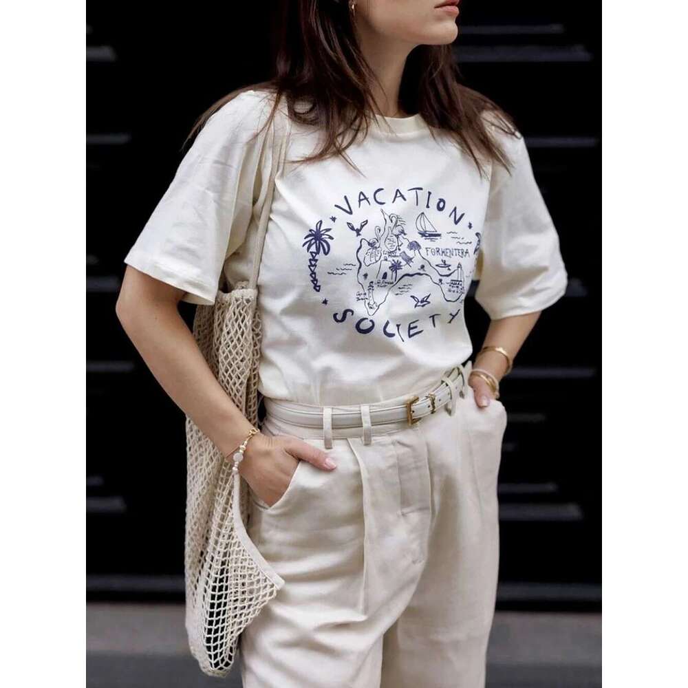 Map Bird Coconut Tree Letter Graphic Print Women T-Shirt Summer Short Sleeve Lady Pullover Casual Vintage Femme Top