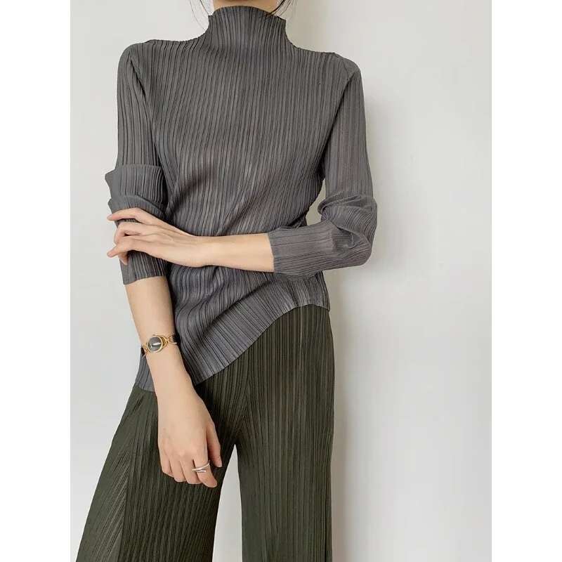 GGHK Miyake Pleated Women Shirt Tops Fashion Designer New Comfortable Causal Long Sleeve Turtleneck T-Shirt Aesthetic Clothing