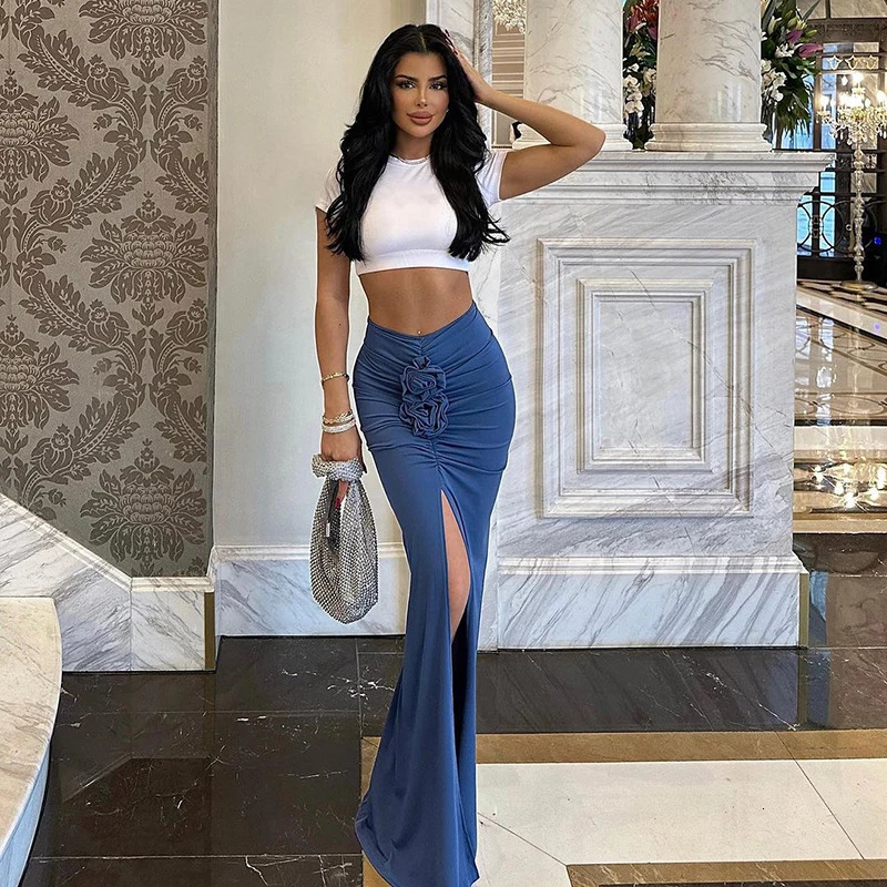 Fashion Skirt Women Summer Streetwear Solid Skirts Appliques Sexy Split Slim Elegant Party Stralght High Waist Skirts Female 250224