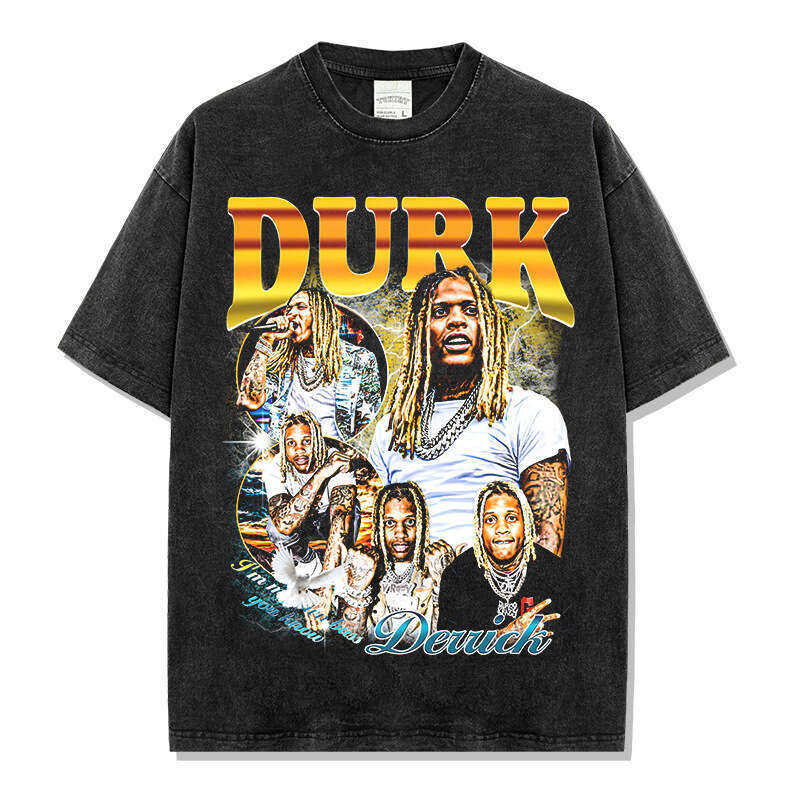 American Lil Durk printed washed T-shirt round neck long sleeved hooded sweatshirt for men