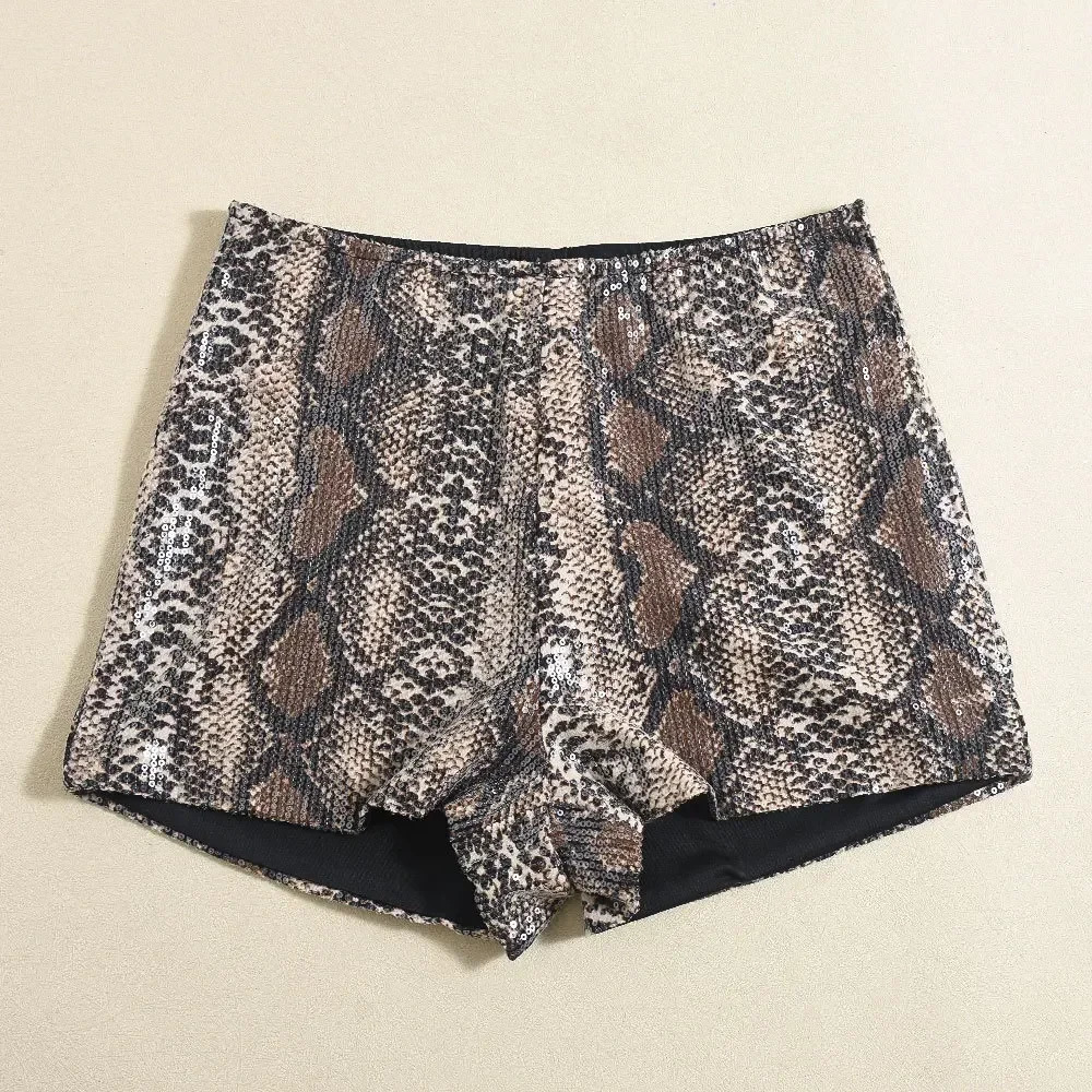 CM.YAYA Women Sequined Leopard Print Sexy High Waist Leggings Shorts Streetwear Elastic Club Party Night Beach Shorts 250303