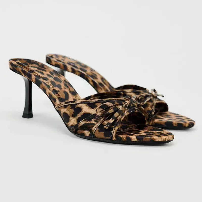 2024 New European and High Quality Wen Shoes Bow Knot Leopard Print High Heel Slippers Wen Slippers Z250304