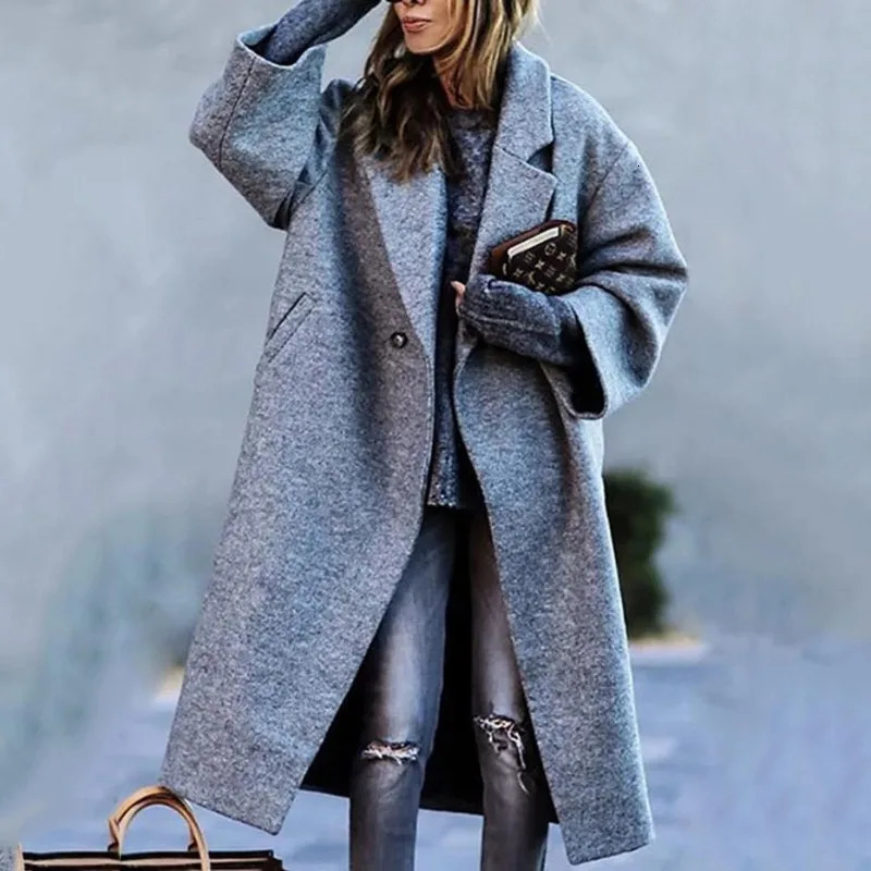 Long Sleeve Lapel Collar Print Loose Jacket Trench Outwear Tweed Elegant Women Coat Autumn Winter Y2K Clothes 250225