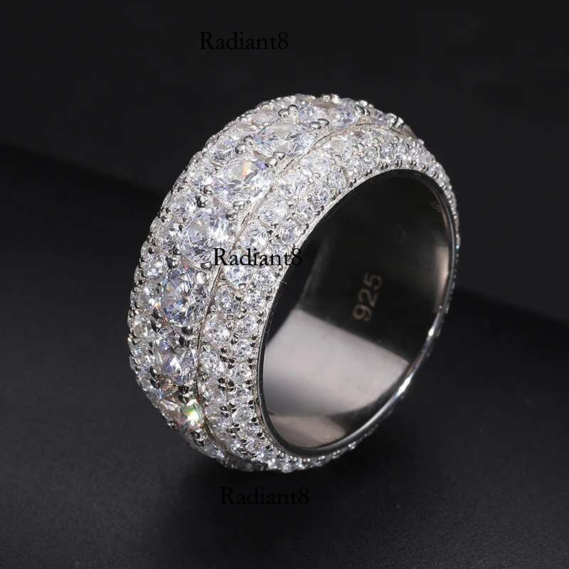 VVS1 3 Row 11mm Width Moissanite In S Sier Ring Hip Hop Jewelry Pave Setting With Certificate Fine Jewlery Gift