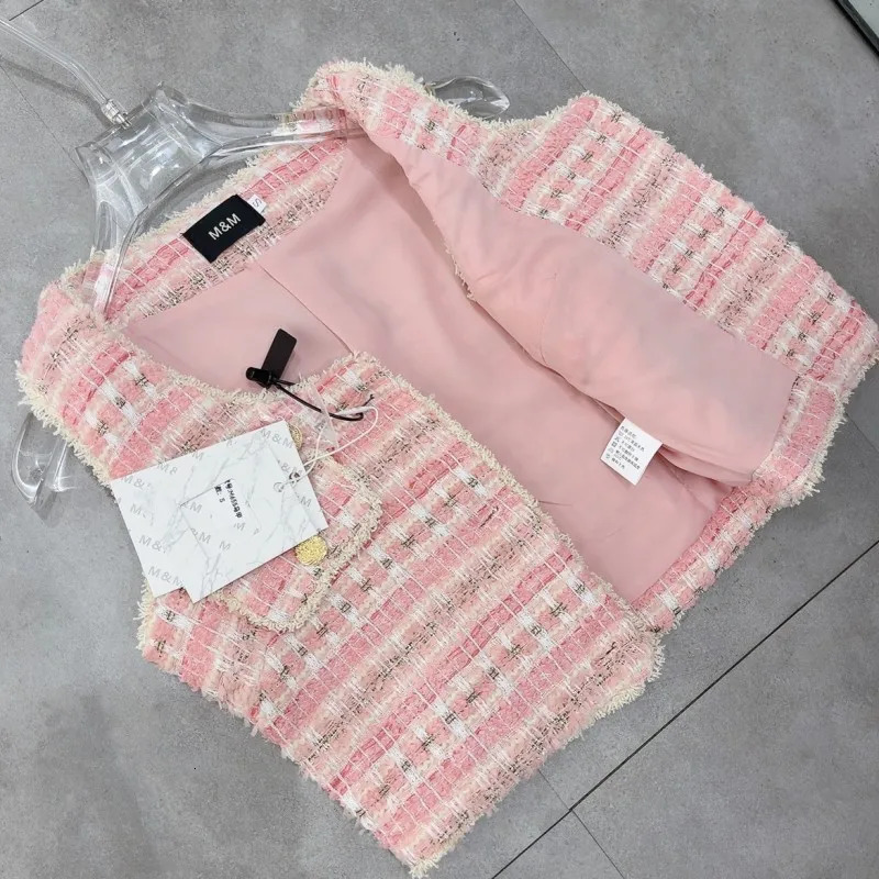 French Small Fragrant Summer Tweed Tank Tops Womens Clothing Pink Tassel Vest Coat Female Outwear 250303