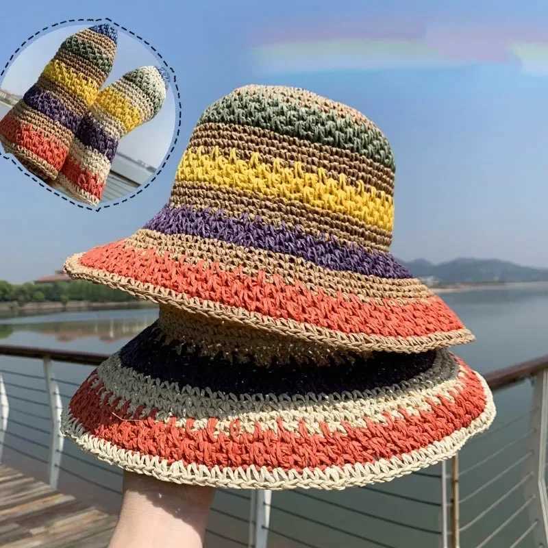 Fashion Rainbow Color Hand-woven Sun Hat for Women Summer Beach Cs Folding Sun Protection Korean Str Hats AccoriesXJ250304