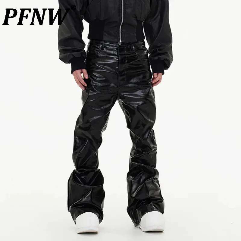 PFNW New Spring Men's Jeans Loose Wide Leg Coating Glossy Patent Leather Straight Male Denim Pants Niche Style 2025 12C509
