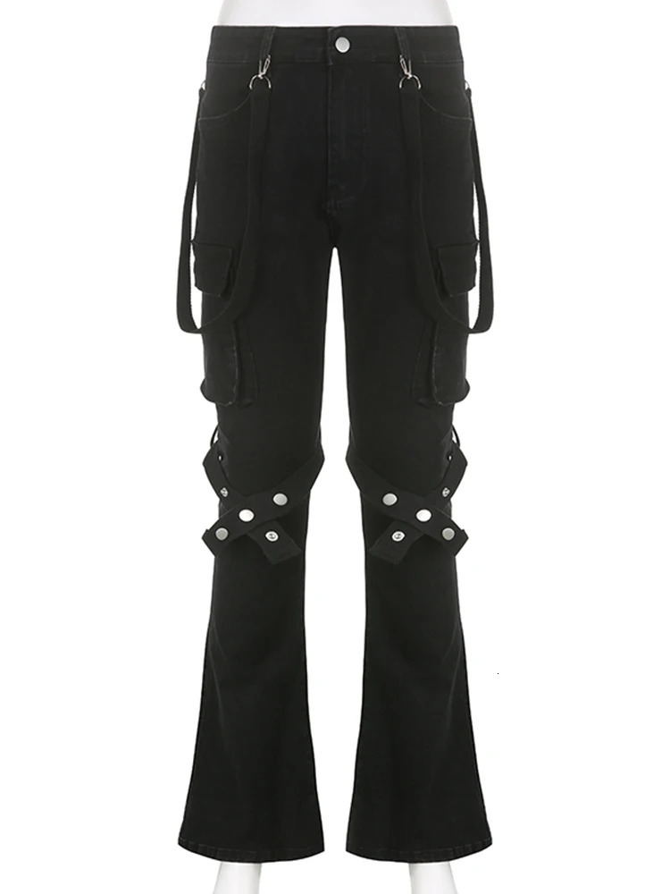 IAMSURE Punk Style Big Pockets Jeans Gothic Casual Slim LowWaisted Flare Pant 2025 Spring Autumn Streetwear Lady 250227
