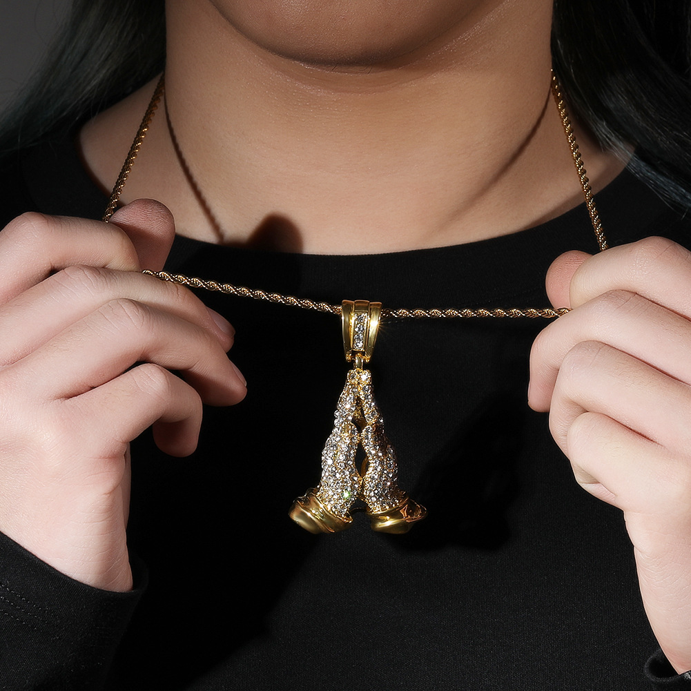 Classic Praying Hands Pendant Necklace Earrings 5A Zircon Boy Men Religion Jewelry