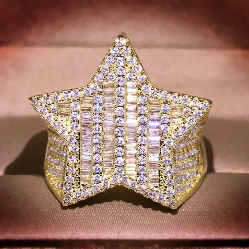 Hip Hop Five Star Rings Mens Gold Silver Color Iced Out Cubic Zirconia Jewelry Ring Gifts Couple Wedding Rings Women Jewelry 250227