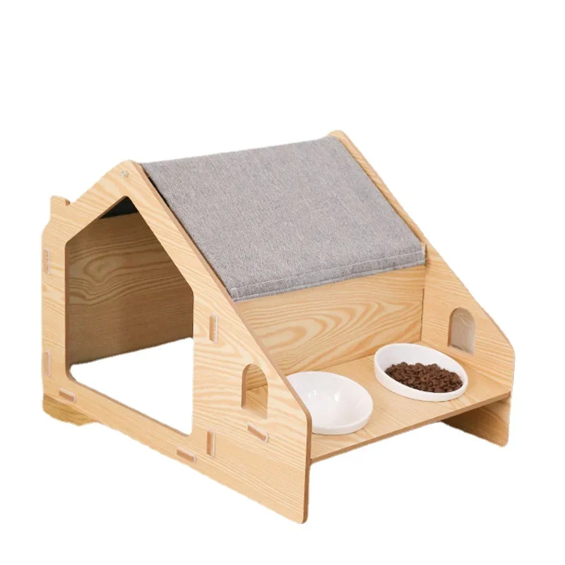 Enclosed Solid Wood Cat Nest Detachable Pet Villa Tip-Proof Cat Shelter Year-Round Comfortable Nest for Cats and Pets